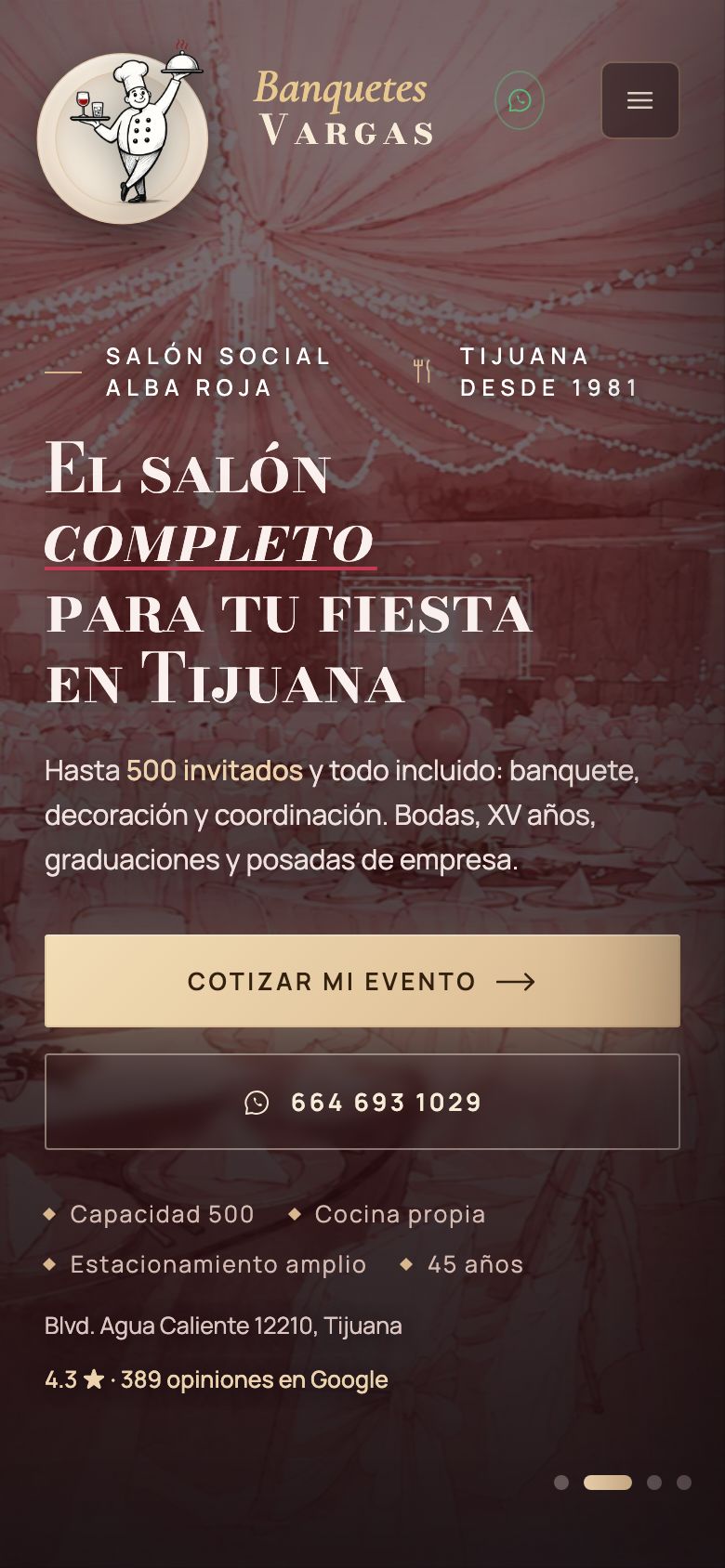 La misma página de Salón Alba Roja en celular, con el botón «Cotizar mi evento».