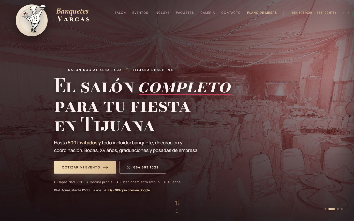 Página de inicio de Salón Alba Roja / Banquetes Vargas en escritorio: «El salón completo para tu fiesta en Tijuana», con botones para cotizar y WhatsApp.