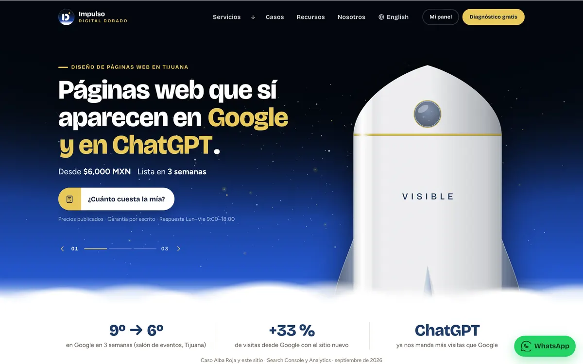 Portada de impulsodigitaldorado.com en modo normal: cielo nocturno azul, cohete blanco y el titular «Páginas web que sí aparecen en Google y en ChatGPT».